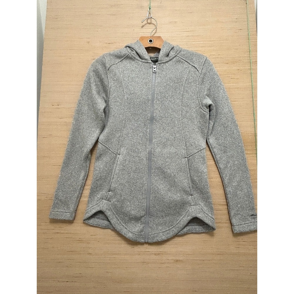 Eddie Bauer Womens XS Gray Full Zip Hooded Fleece Lined Sweater Jacket Tulip Hem